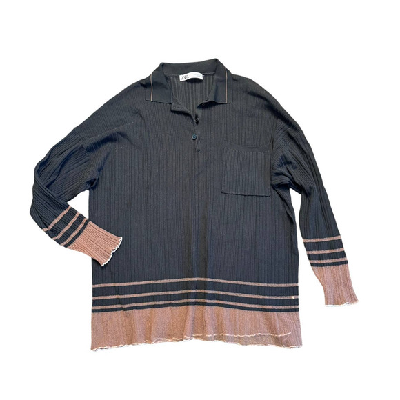 Zara Black & Tan Textured Weave Colorblock Oversized Sweater Top Small - Picture 2 of 5